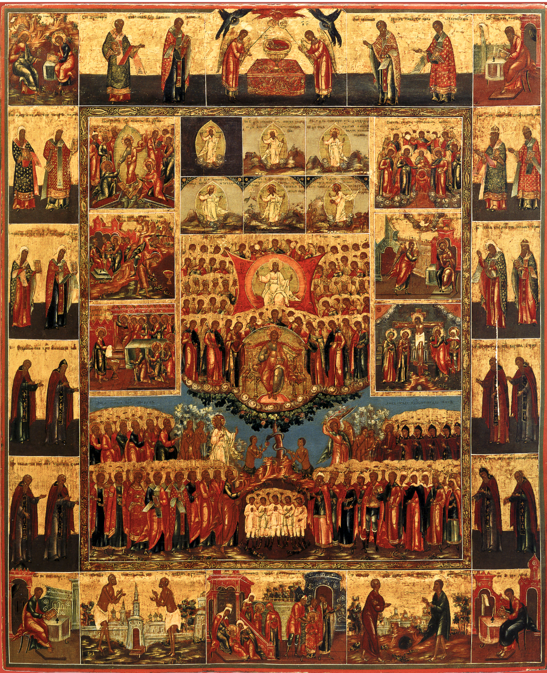 The Six Days of Creation (Hexaemeron) with Selected Saints. Wooden orthodox icon.