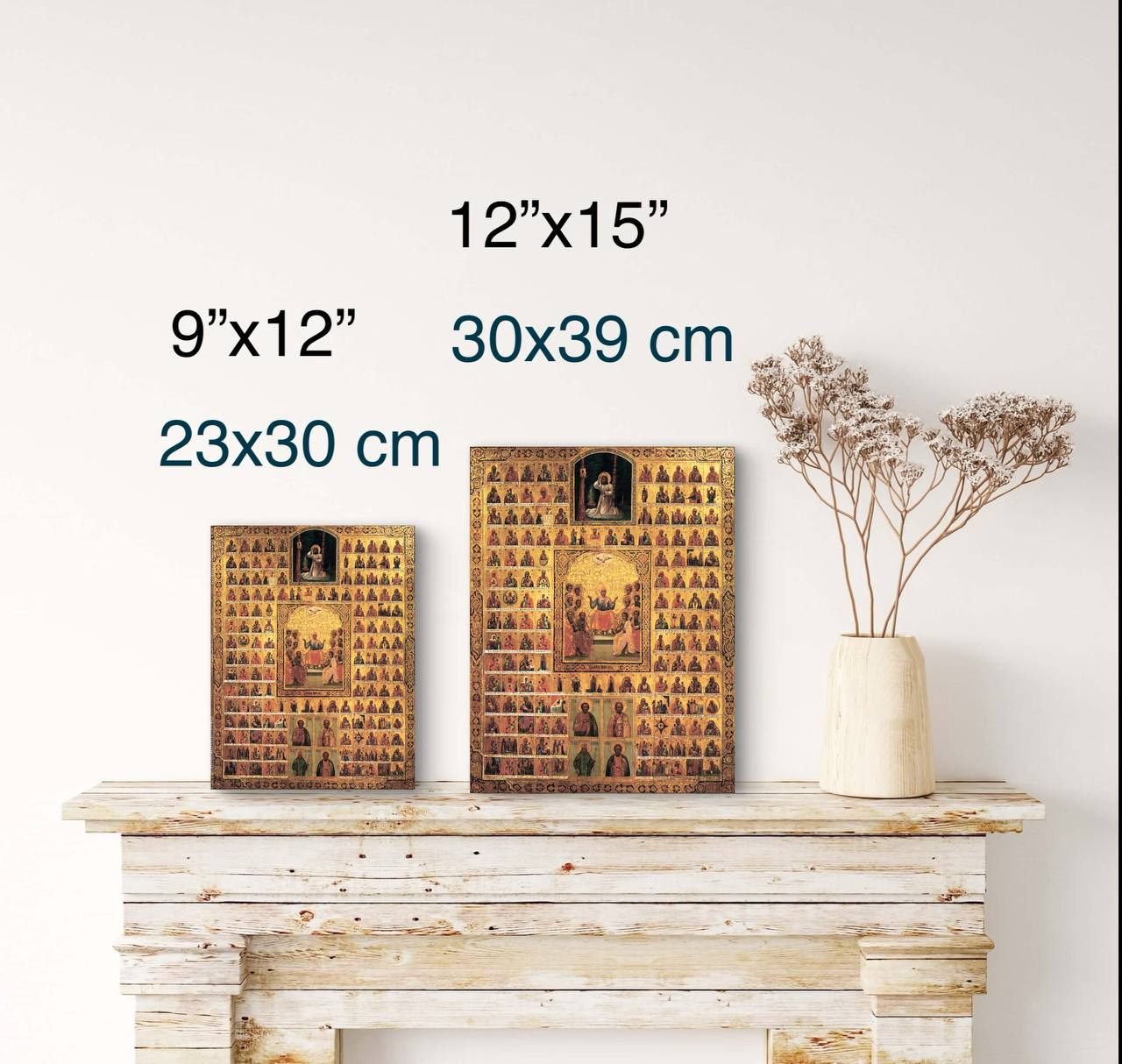 An elaborate Orthodox icon showcasing different miraculous images of the Virgin Mary, carefully preserved with some signs of aging.