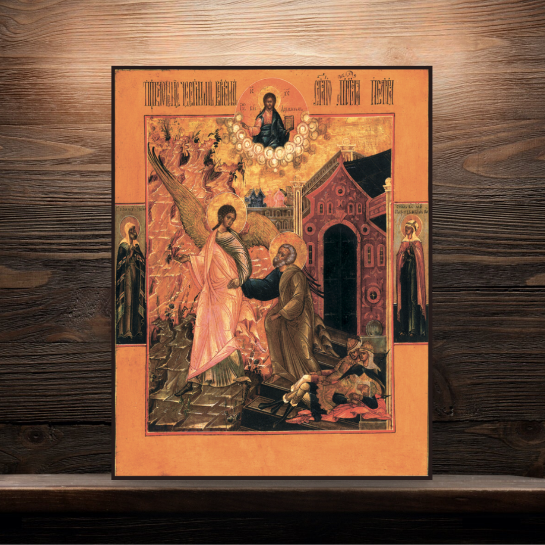 Orthodox icon art of Peter’s deliverance by angel with saints