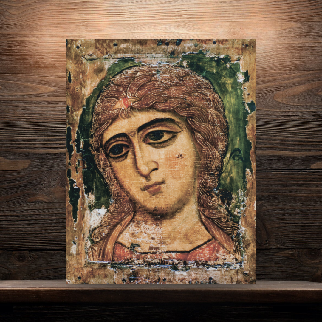 Sacred Christian icon showing Archangel Gabriel in traditional Deesis formation