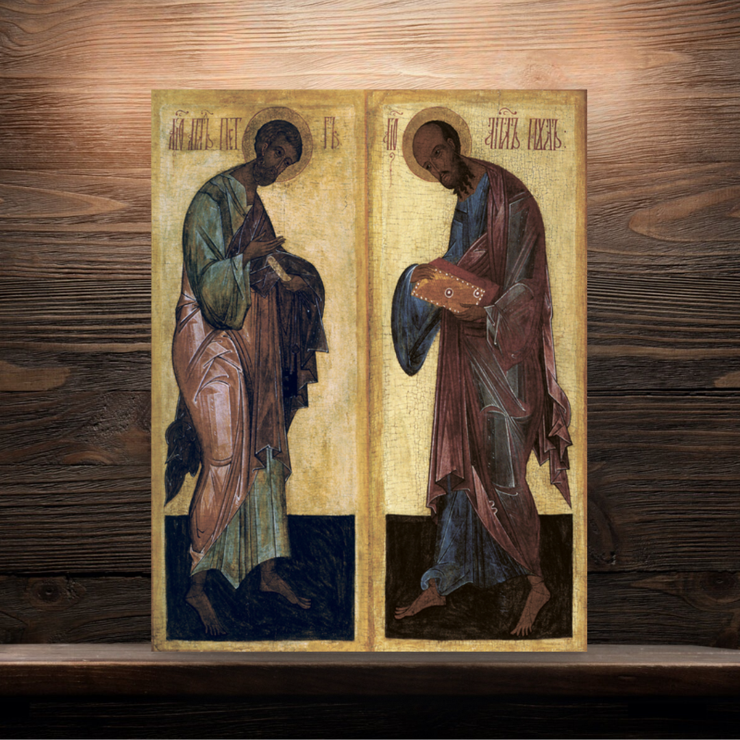 Sacred image of Peter and Paul as part of the Deesis tier in iconostasis
Traditional Orthodox icon with Saints Peter and Paul in full-length poses