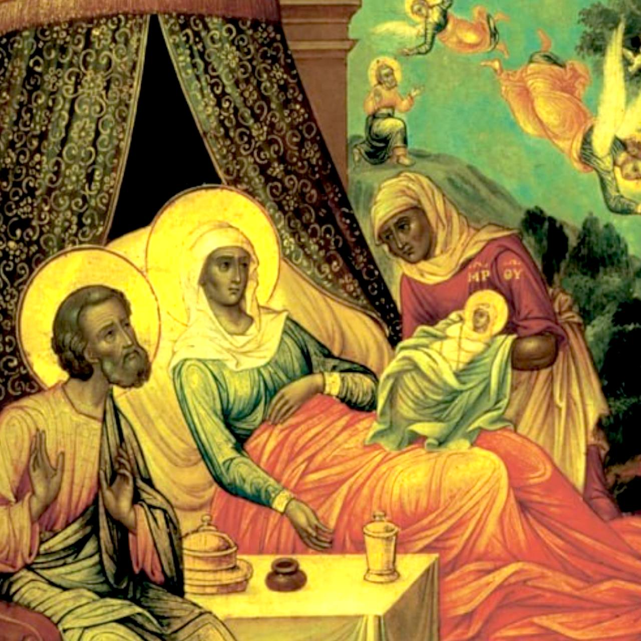 Traditional Nevyansk icon of the Virgin Mary’s birth, surrounded by family, heavenly messengers, and intricate ornamental design.