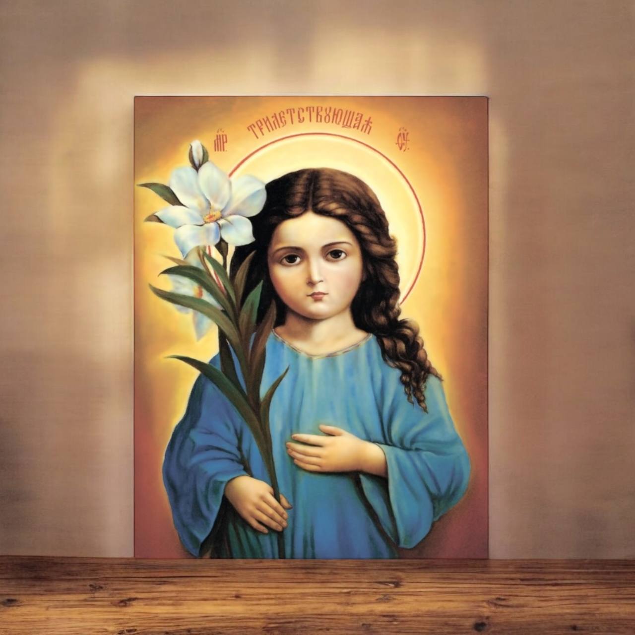 Rare religious icon of young Virgin Mary, representing the Feast of the Entry into the Temple, a meaningful Christian artwork.