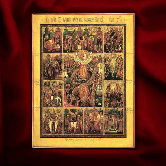 A devotional Orthodox icon featuring the twelve main feasts, symbolizing the cycle of salvation with Christ’s Resurrection in the center.