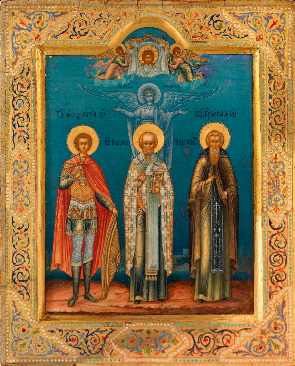 Saints Demetrius of Thessaloniki, Nicholas the Wonderworker, and Macarius of Kalyazin with the Guardian Angel before the Icon of the Christ "Not Made by Hands". Wooden orthodox icon.