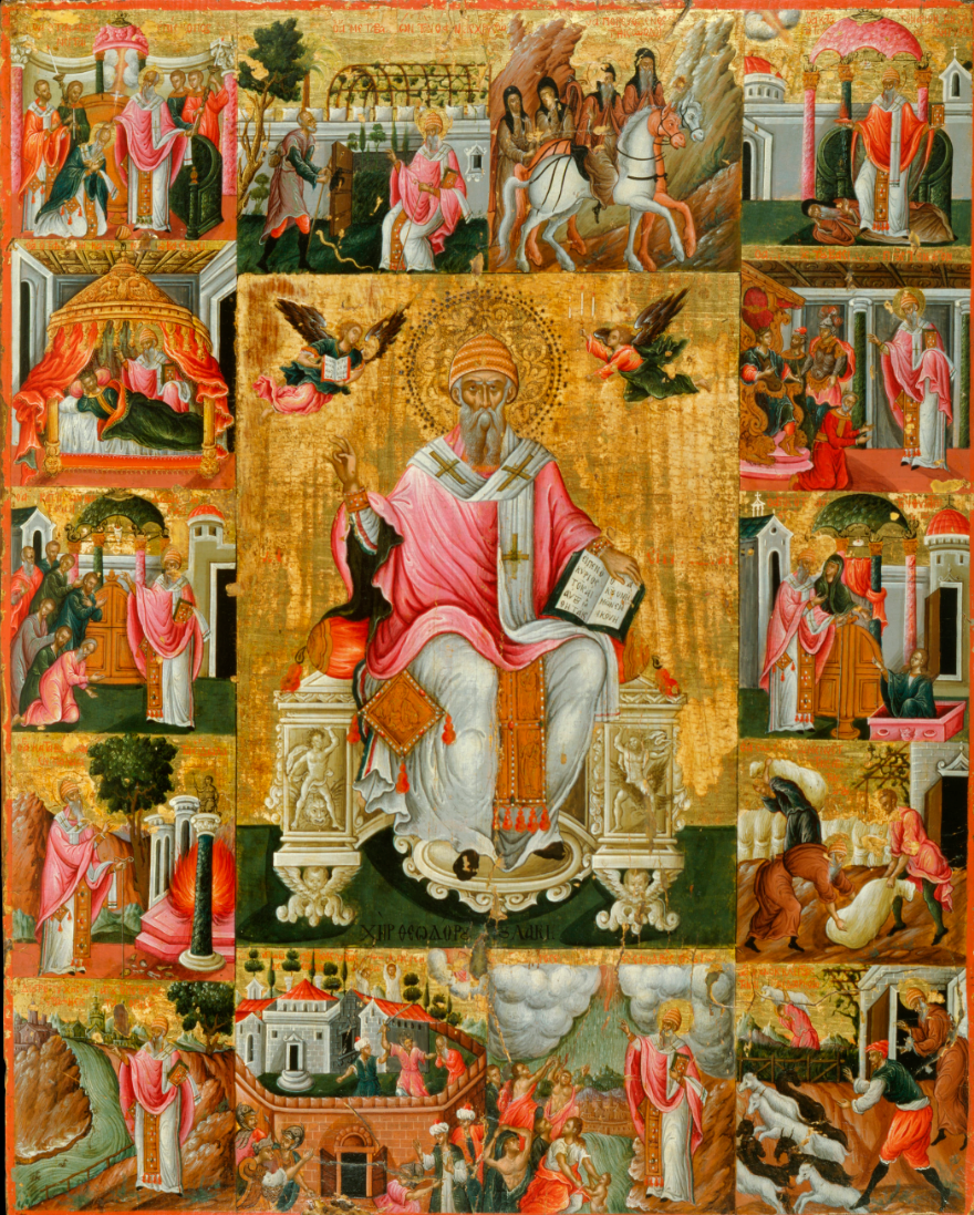 Saint Bishop of Trimythous Spyridon, with Scenes from His Life. Wooden orthodox icon.