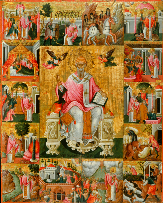 Saint Bishop of Trimythous Spyridon, with Scenes from His Life. Wooden orthodox icon.