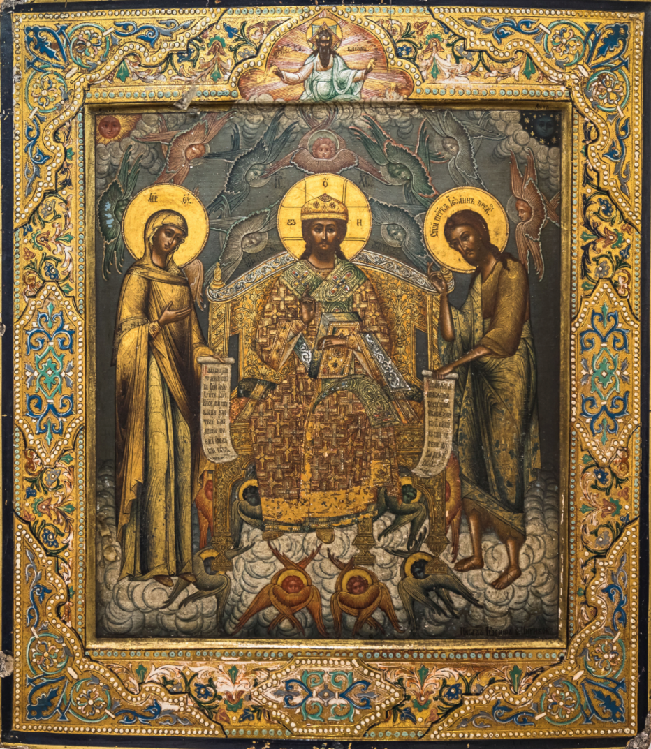 Christ the Great High Priest Deesis (Deisis). Jesus Christ with the Mother of God and John the Forerunner. Wooden orthodox icon.