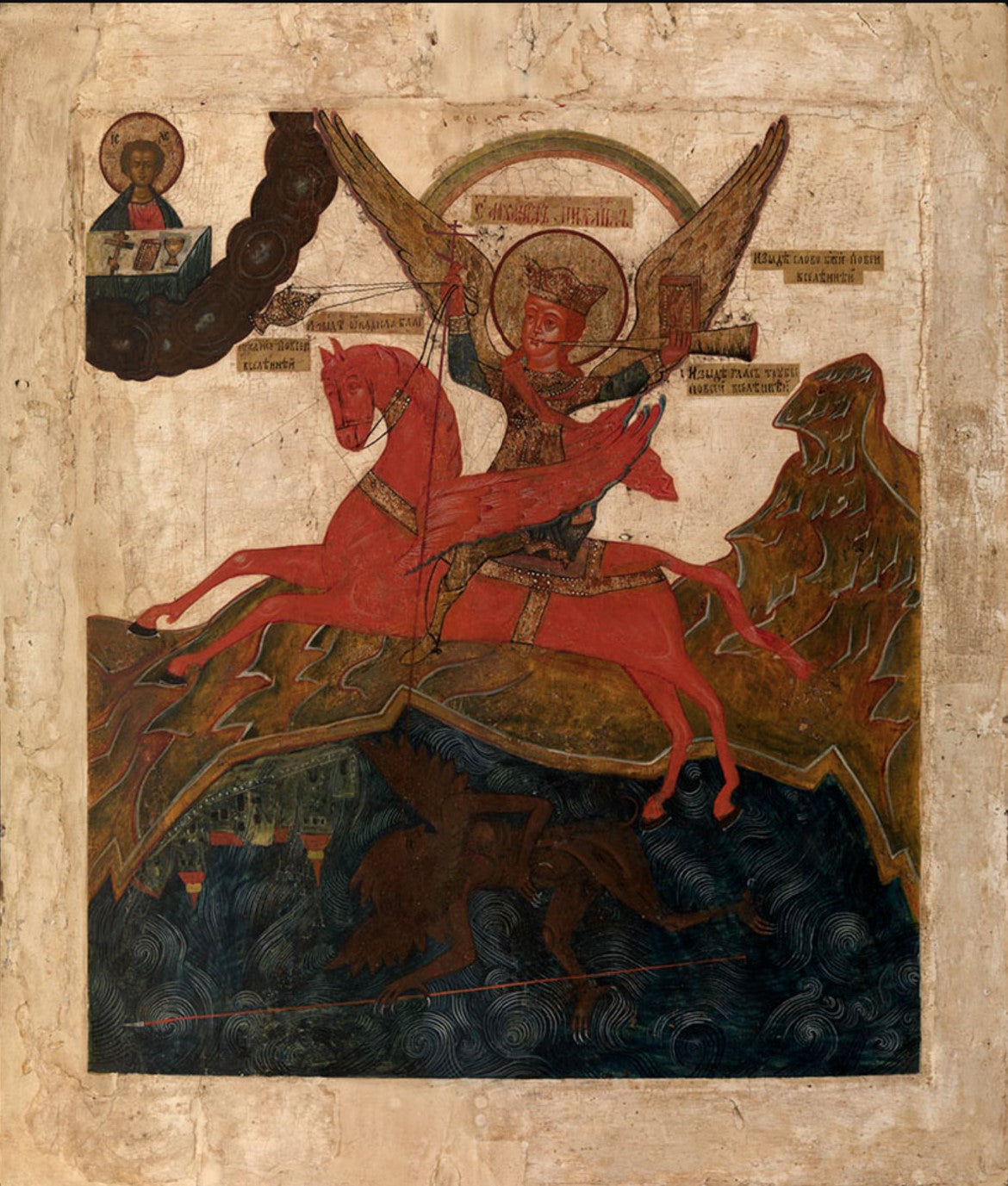 The wooden icon of the Holy Archangel Michael - the Terrible Commander of the heavenly Forces