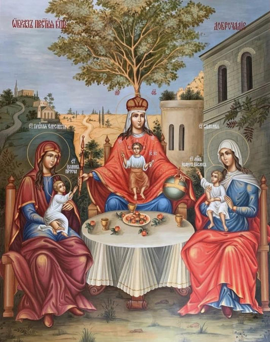 Wooden Icon of the Righteous Elizabeth with the baby John the Baptist; Virgin Mary in the middle with Baby Jesus; And righteous Salome with John the Theologian.