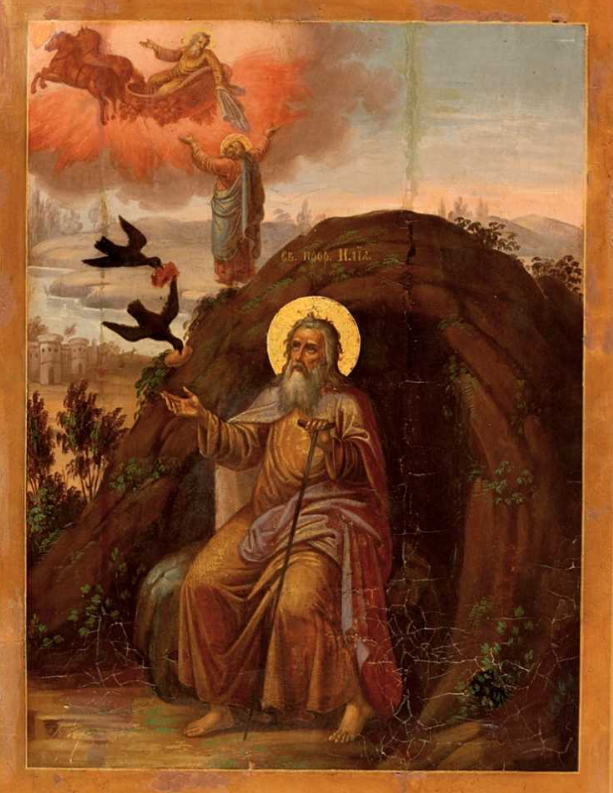 Holy Prophet Elijah in the Desert. Wooden orthodox icon.