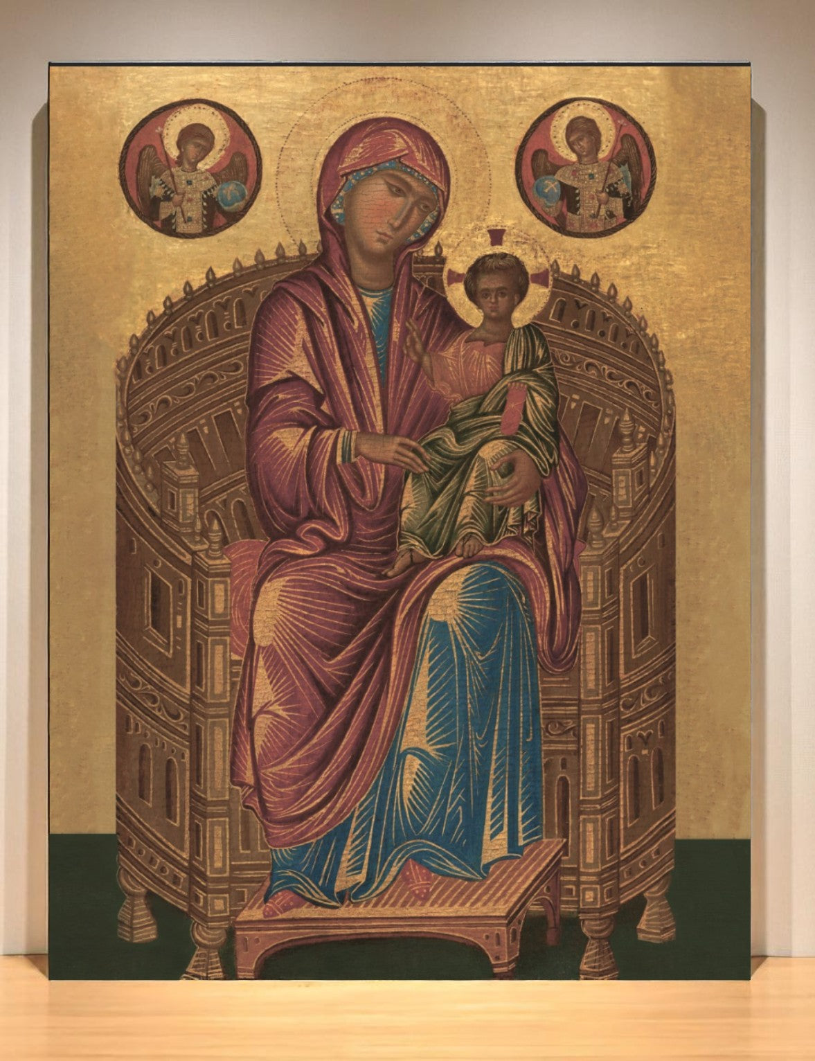 Byzantine throne icon with Mary and Jesus printed on wood