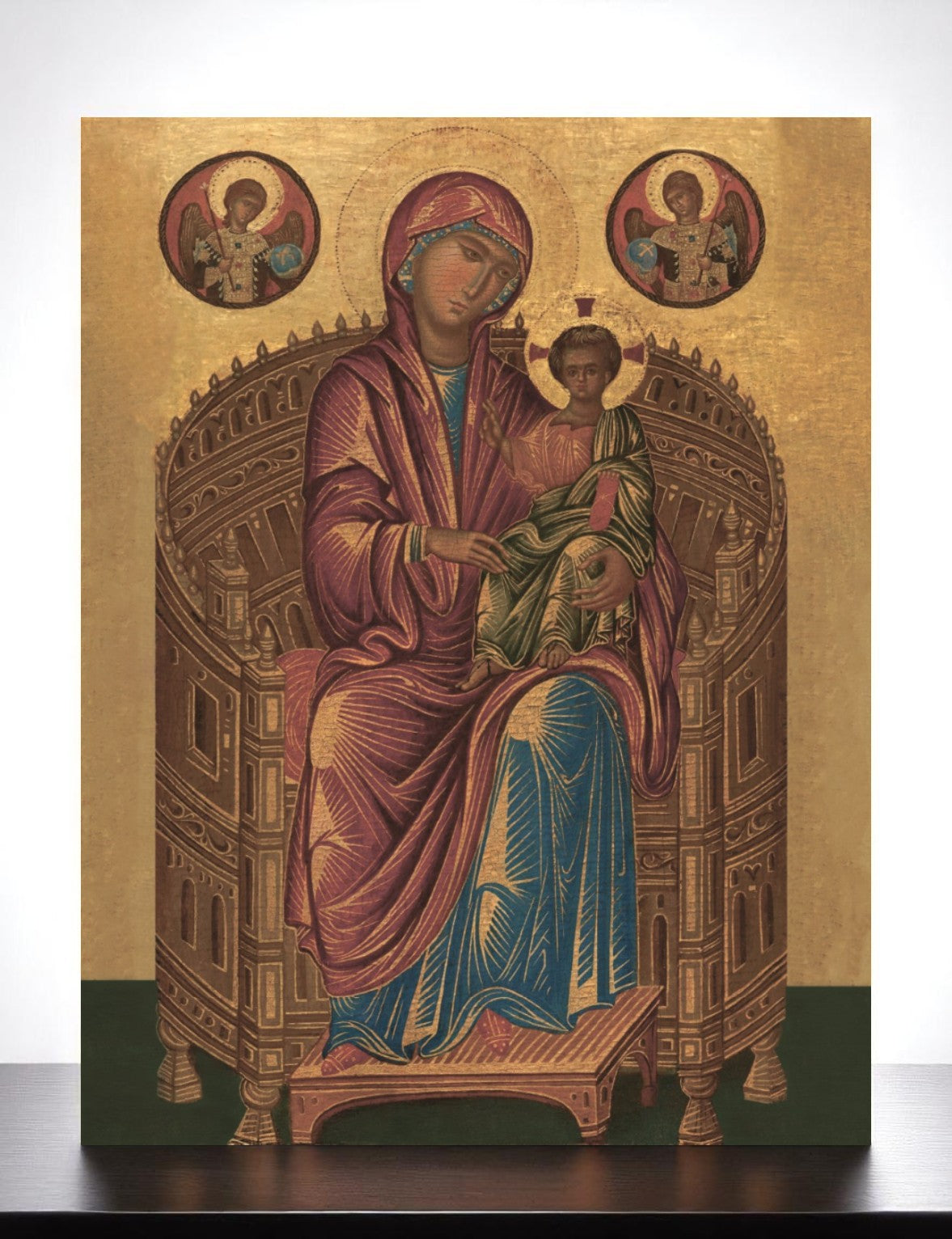 Orthodox Icon of the Virgin Mary Hodegetria on Throne with Christ Child 13th-Century Byzantine Reproduction