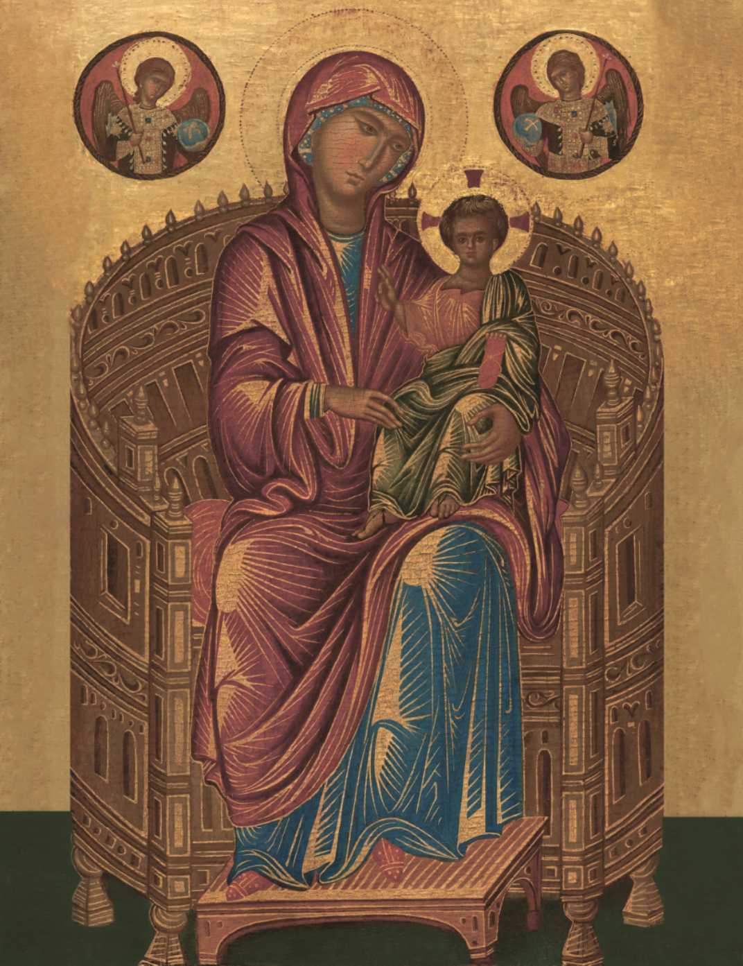 This exquisite Orthodox icon features the Mother of God Hodegetria (The One Who Shows the Way) seated on a majestic throne with the Christ Child in her arms