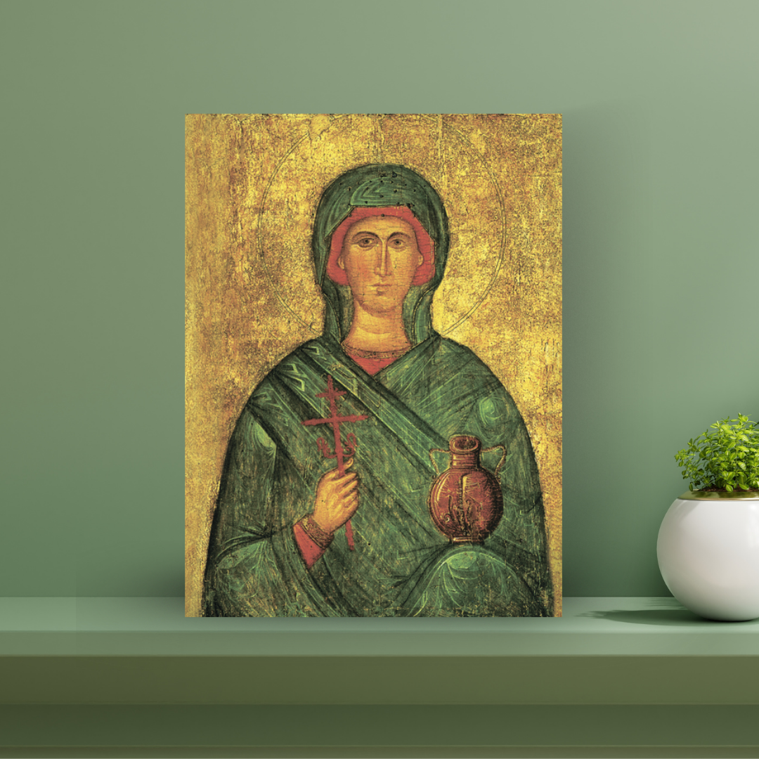 Wooden Orthodox icon showing Saint Anastasia with peaceful expression and halo for religious decor