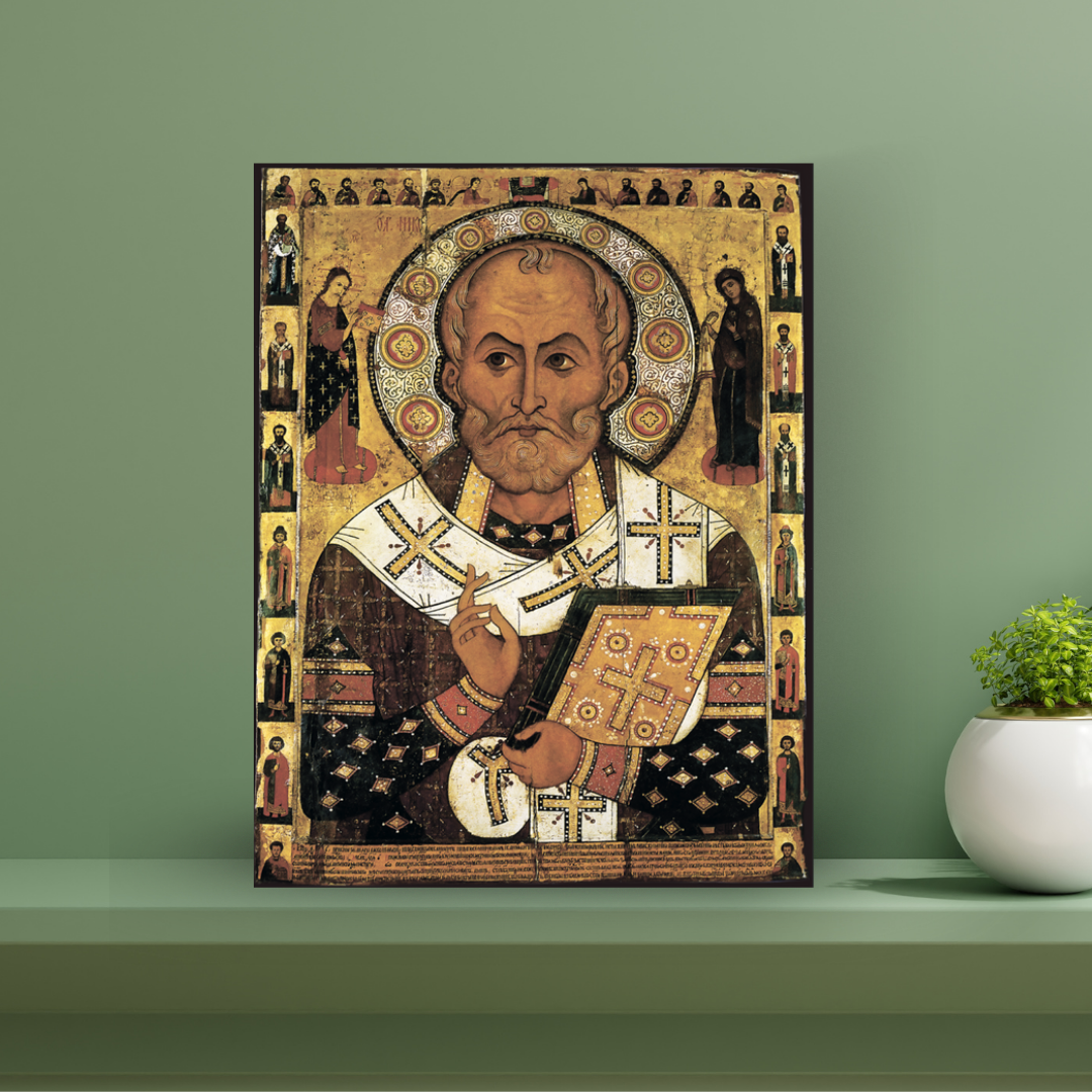 Handcrafted religious icon of Saint Nicholas protector and intercessor