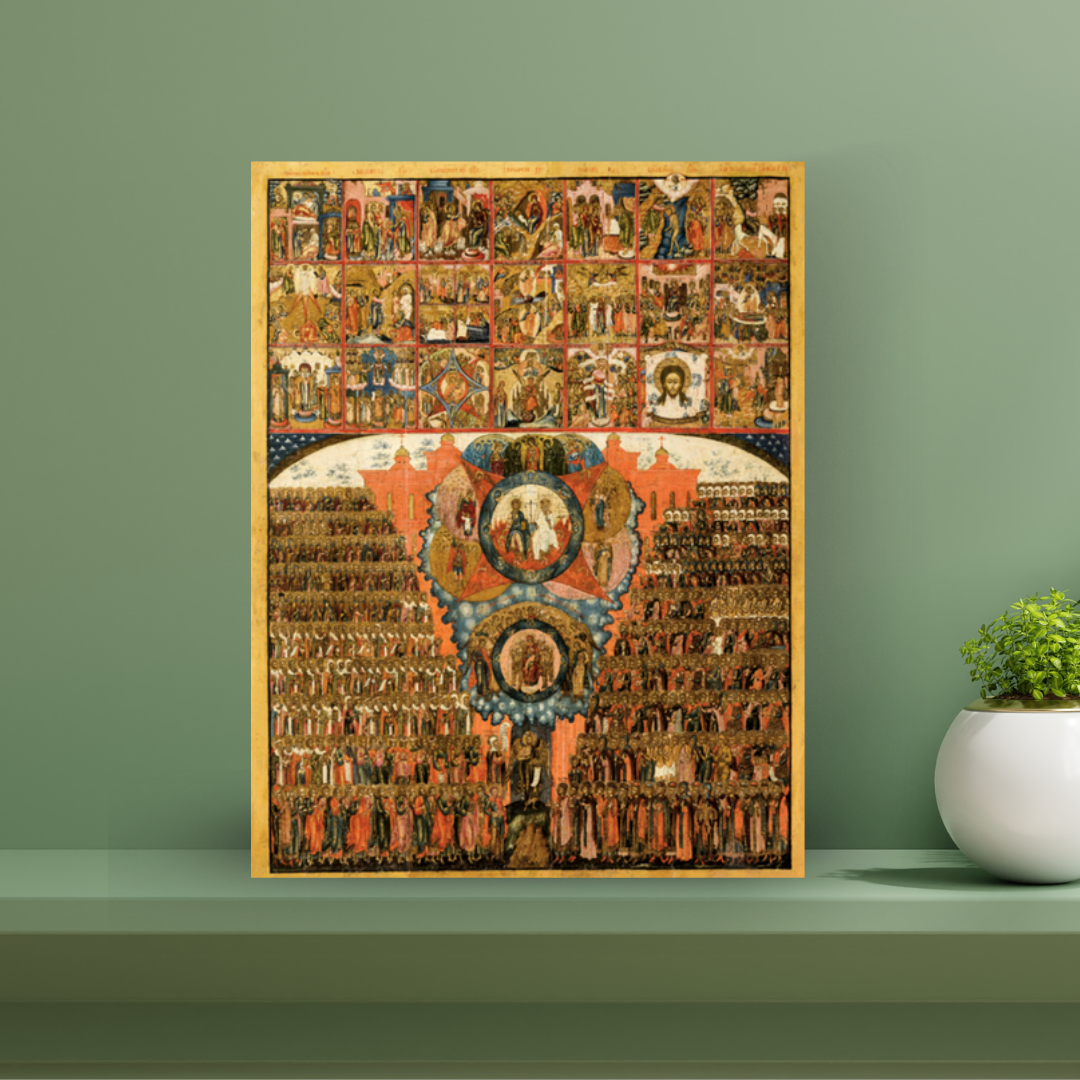 Orthodox wall art showing saints arranged in 10 rows