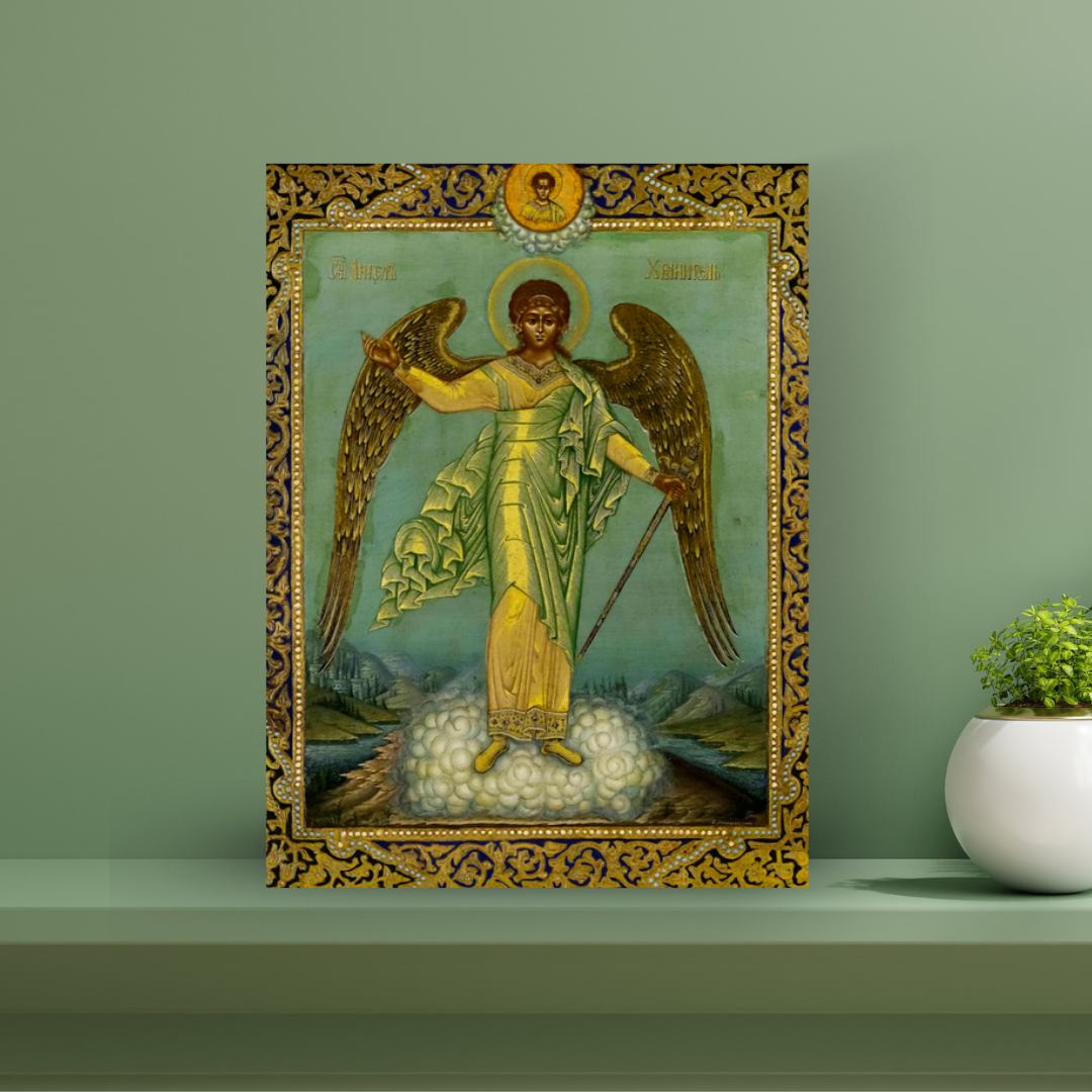 Guardian Angel Religious Icon with Sword
Orthodox Icon on Wood Angel on Clouds