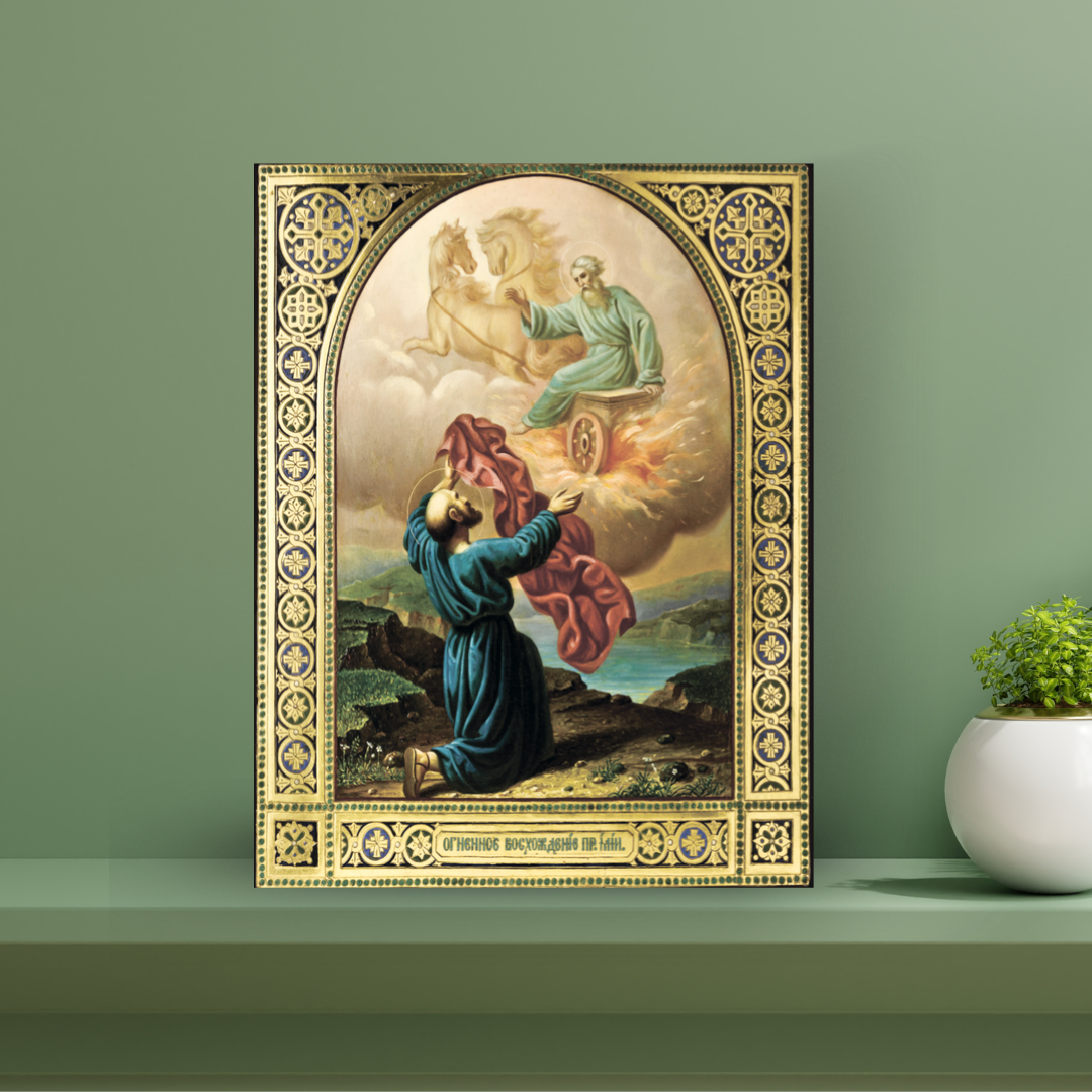 Prophet Elijah being taken to heaven as Elisha receives the mantle Elijah chariot of fire icon handmade with wax finish