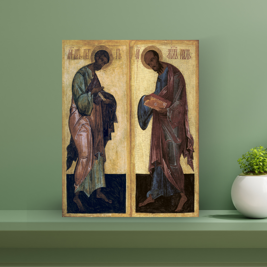 Traditional church icon art featuring apostles Peter and Paul
16th-century Orthodox icon from Russian iconostasis, Saints Peter and Paul