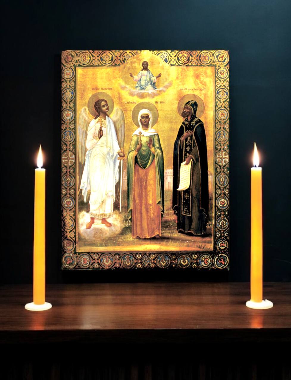 Sacred hand-painted icon of Saint Natalia, surrounded by celestial figures, emphasizing Orthodox faith and martyrdom