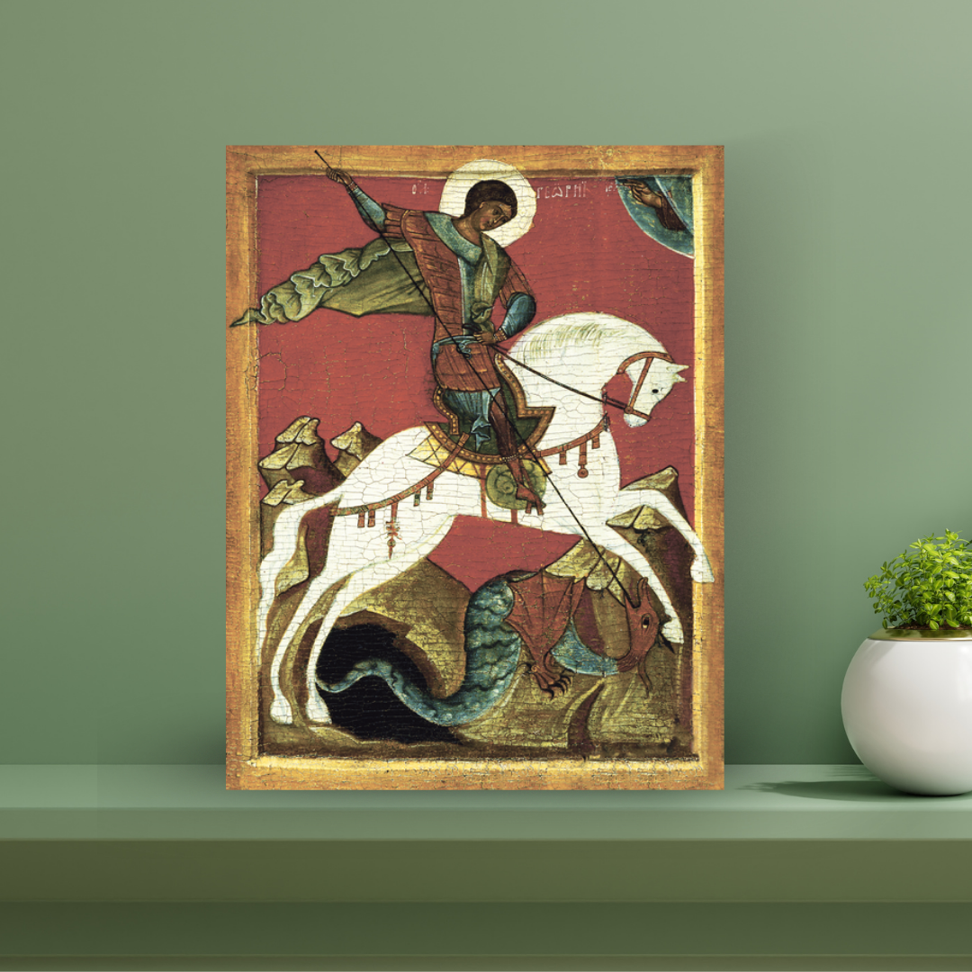 Handmade Saint George icon for Orthodox Christian prayer corner or altar