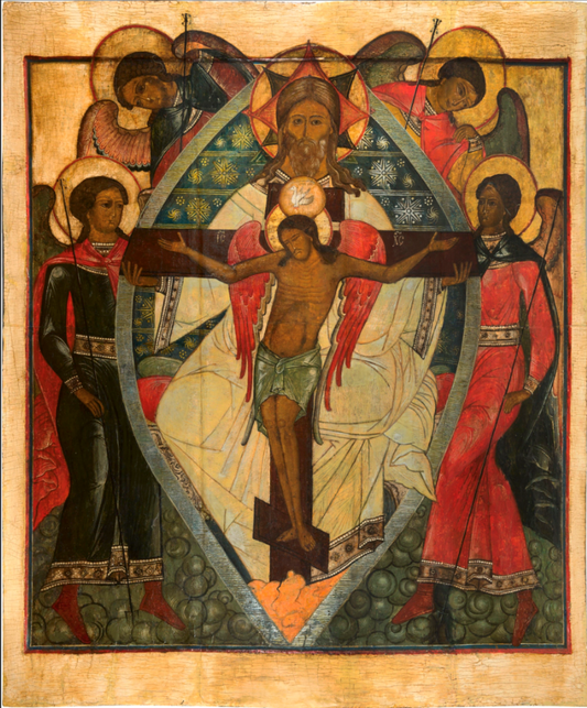 The New Testament Trinity with the Crucifixion of Jesus Christ. Wooden orthodox icon.
