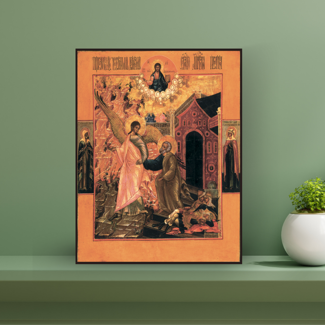 Handmade religious icon of the Apostle Peter’s escape from jail