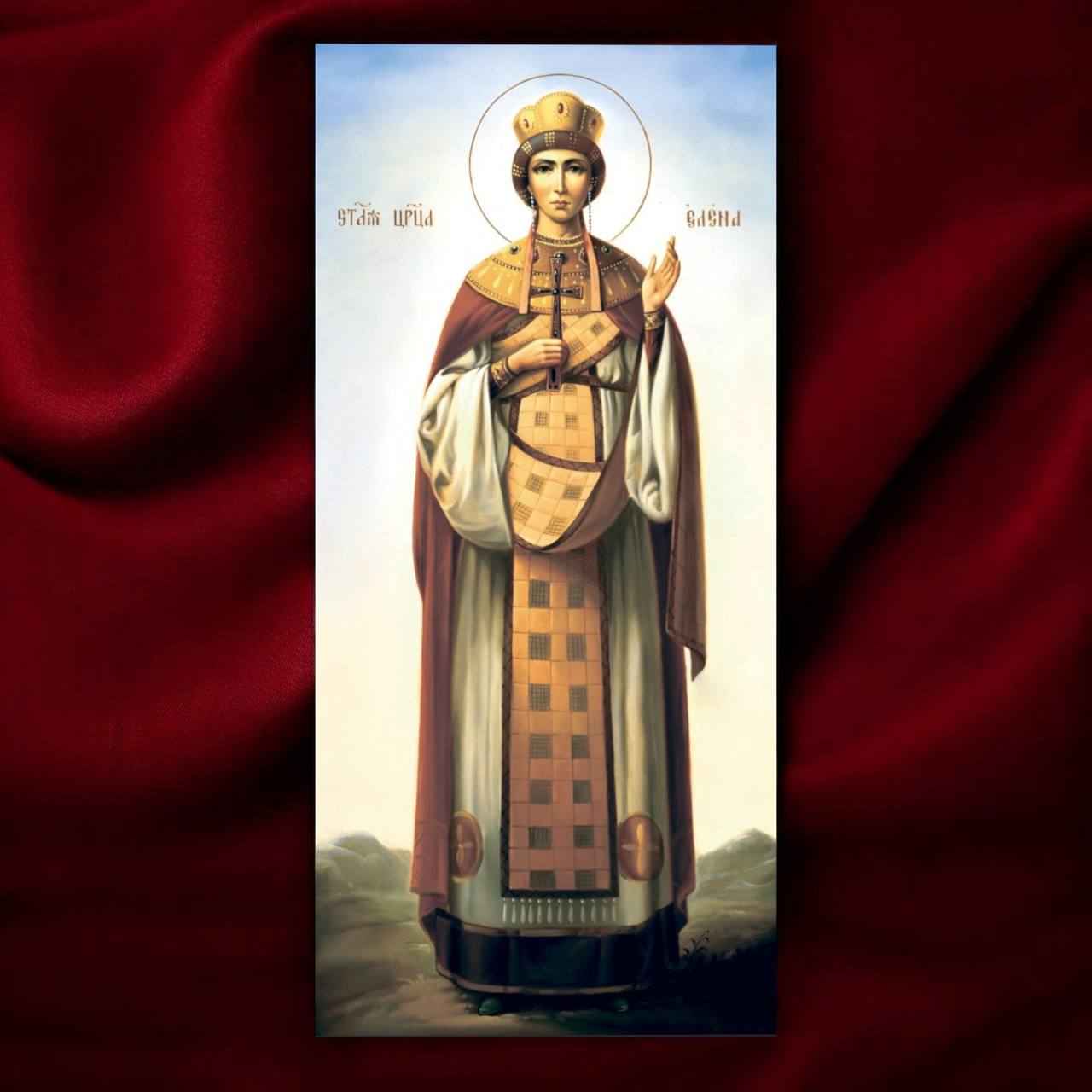 Sacred Orthodox icon of Saint Helena, holding the Holy Cross, representing her historical significance.
