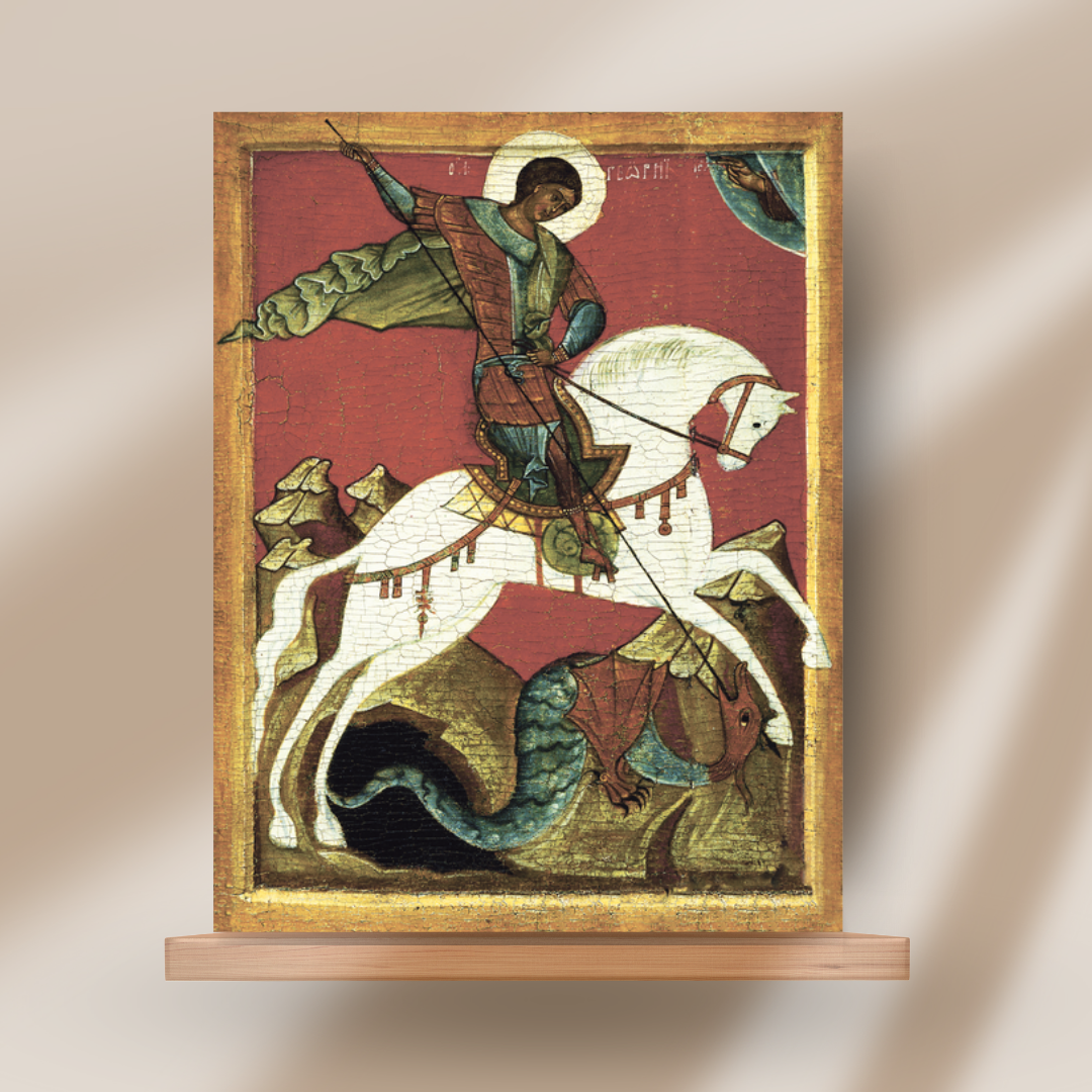Saint George the Victorious handmade Orthodox icon on wood panel with red tones
