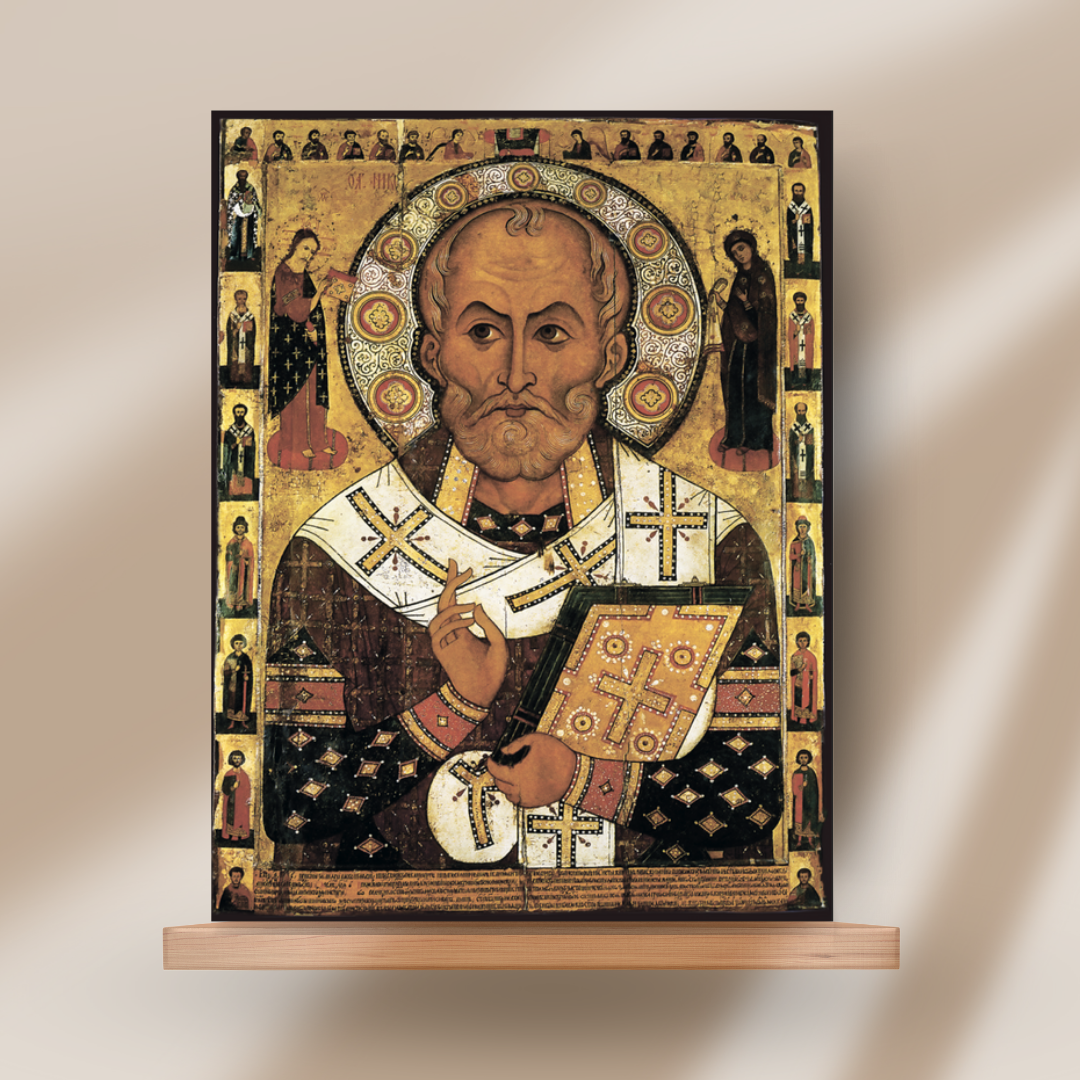 Icon of Saint Nicholas with border saints Basil Gregory Chrysostom George