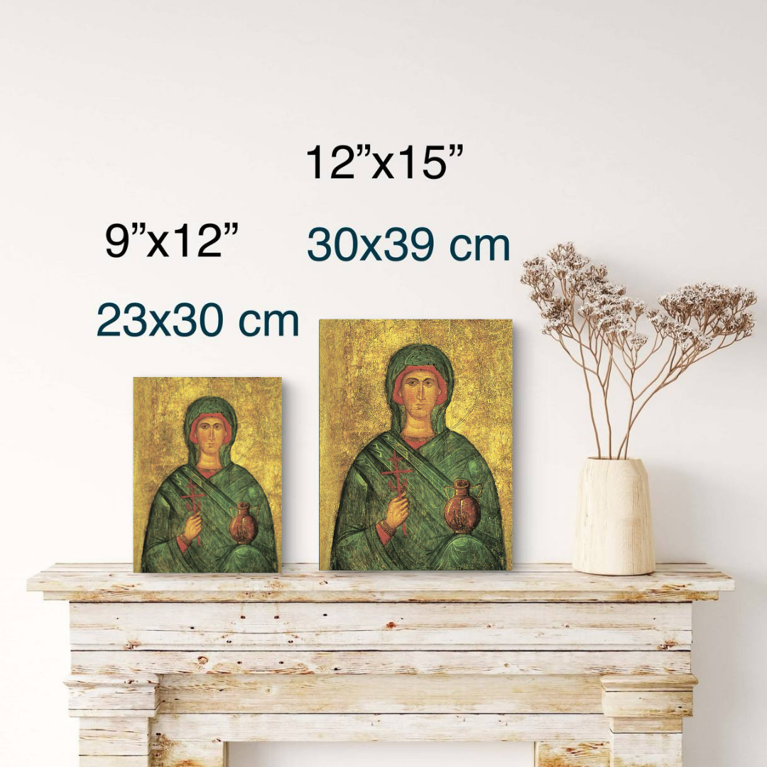 Handcrafted religious icon of Saint Anastasia patron saint of the suffering printed on wood panel