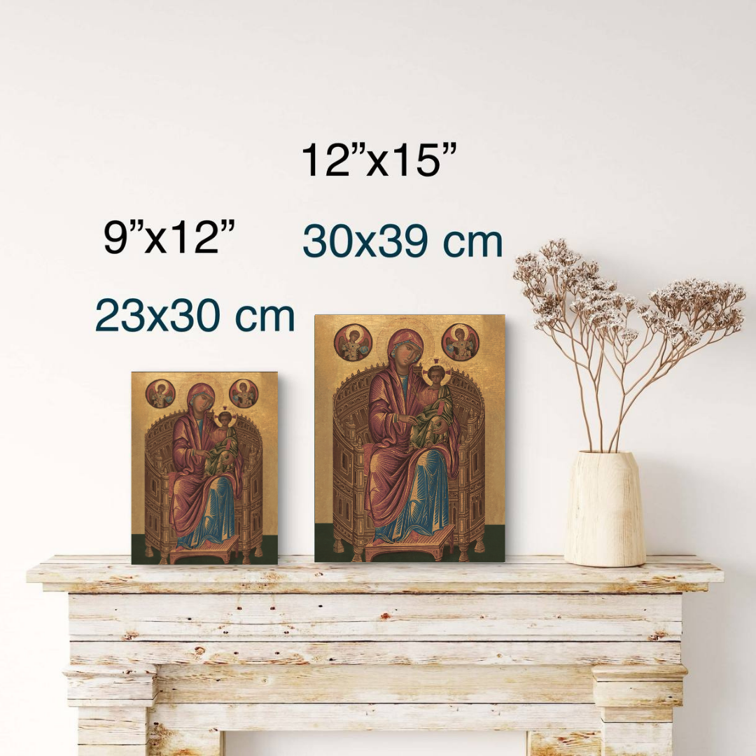 Sacred Christian icon of the Virgin and Child in traditional throne pose
Orthodox art print of Hodegetria Virgin and Christ Child from 13th century