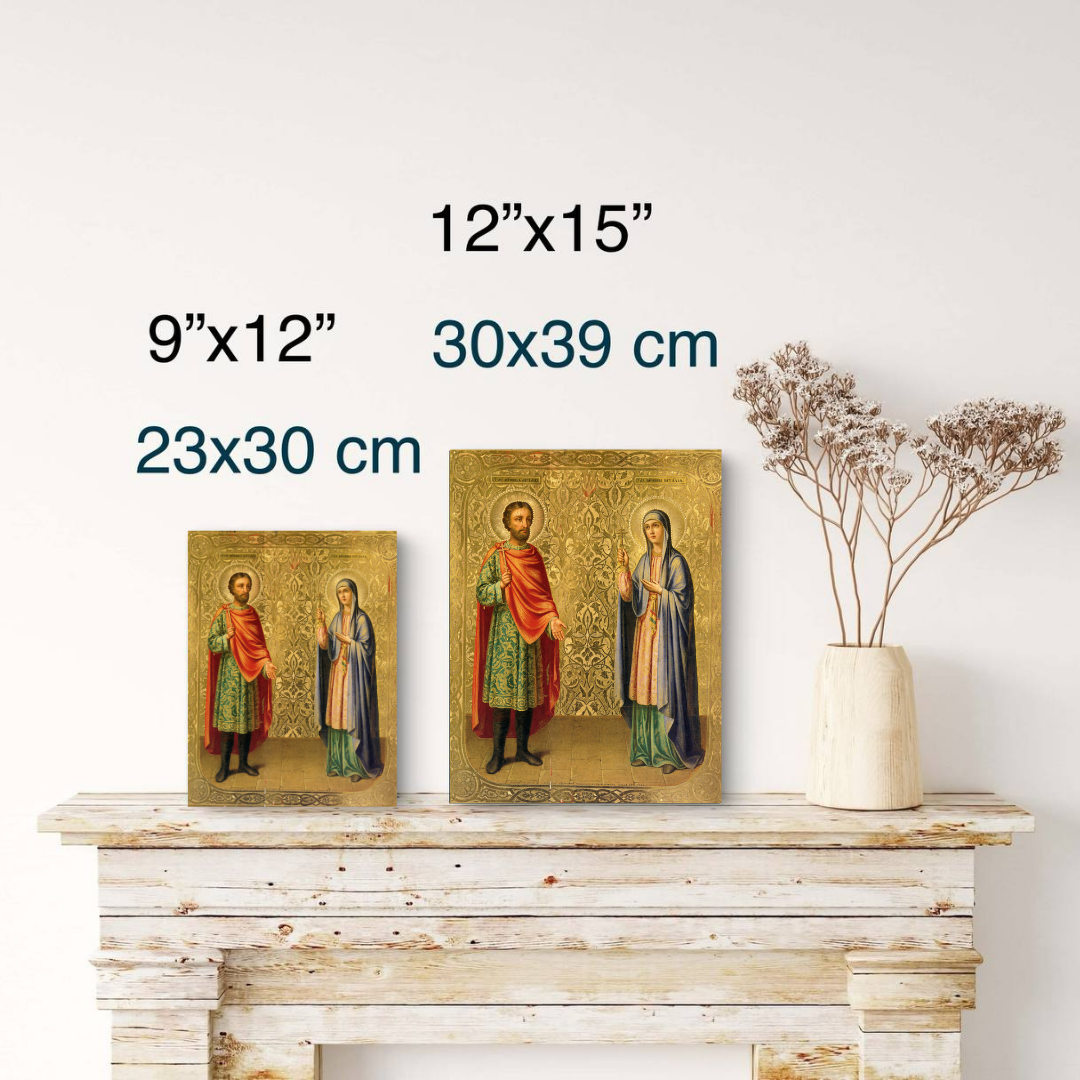 This beautiful handmade wooden icon depicts Saints Adrian and Natalia of Nicomedia, one of the most beloved Orthodox Christian couples and heavenly patron saints of marriage, love, and family unity.