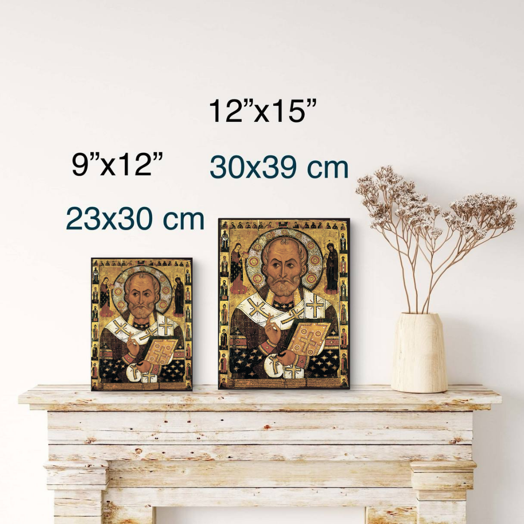 Antique-style Orthodox icon with miracle story of Novgorod prince healing