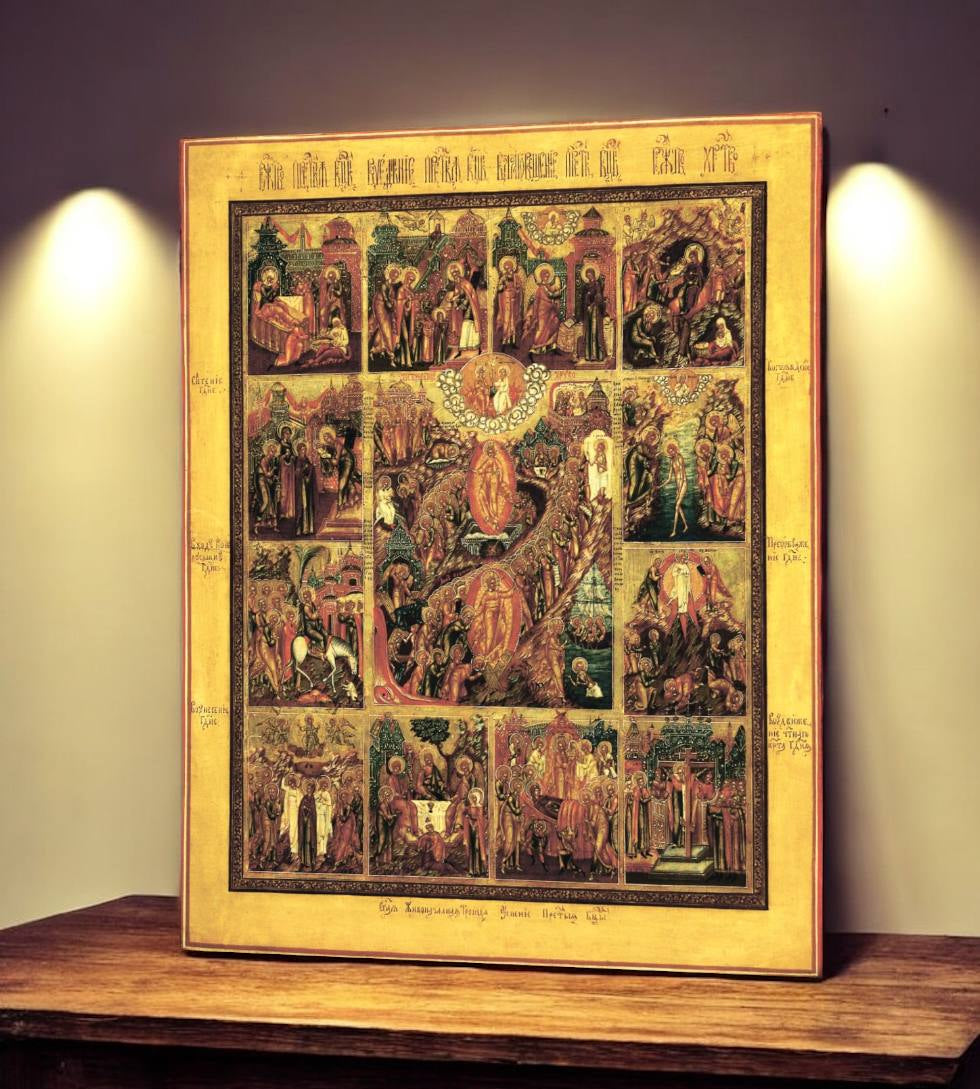 A stunning example of Russian iconography, portraying the major feasts of the Orthodox Church in vibrant colors and fine detail.