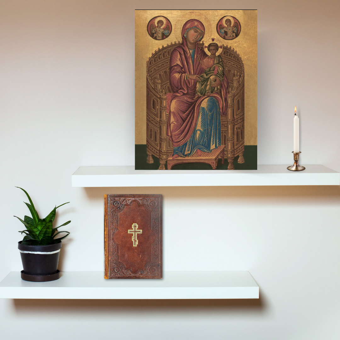 Holy Theotokos icon seated on throne with teaching Christ Child
Handmade wooden icon of Virgin Mary Hodegetria Orthodox Byzantine style