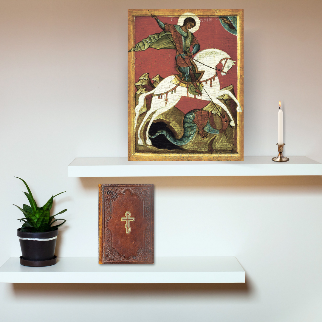 Religious icon of Saint George saving the princess with spear and horse sacred artwork