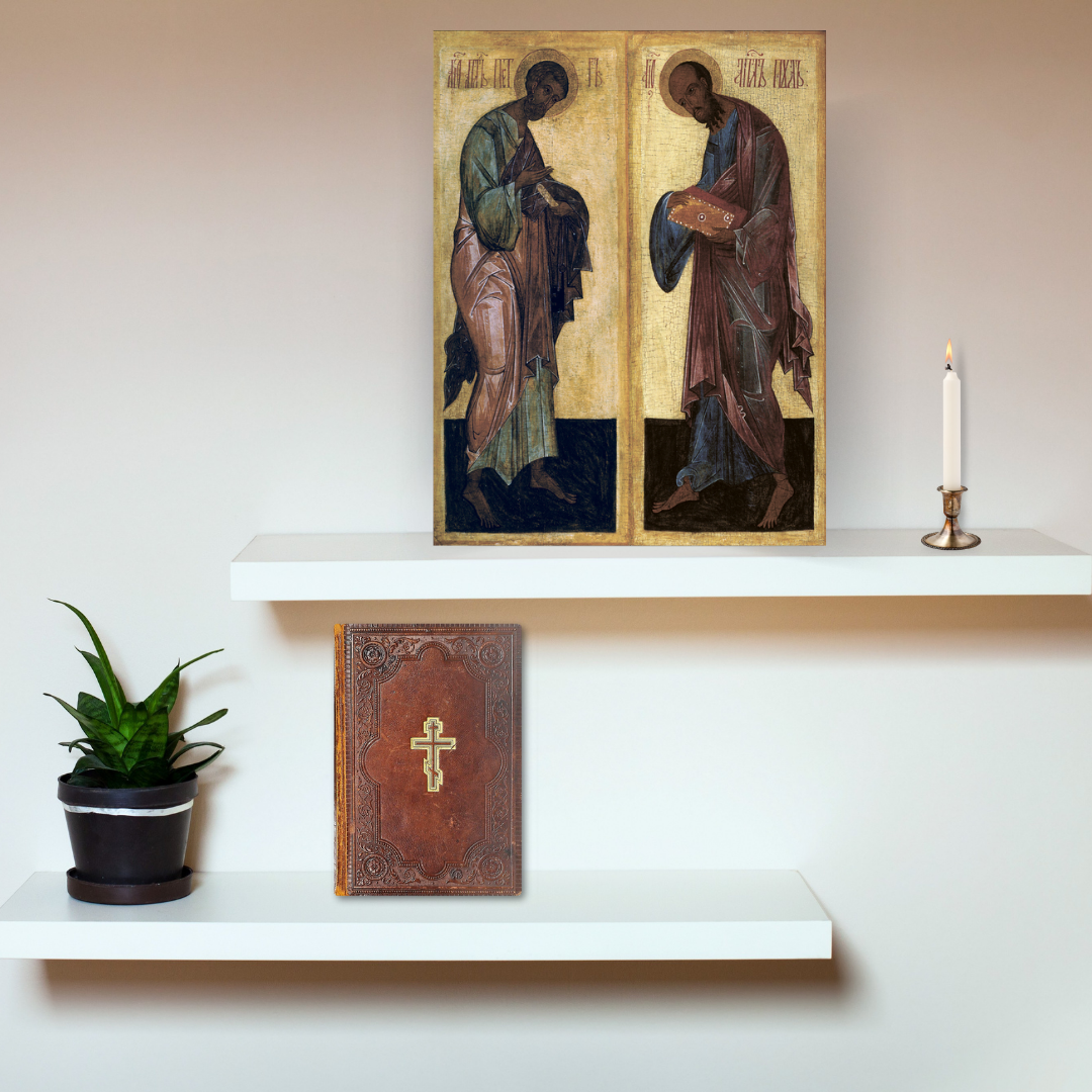Old Russian icon depicting Saints Peter and Paul in deep spiritual focus
Saints Peter and Paul in a historic Orthodox icon from Cherepovets museum