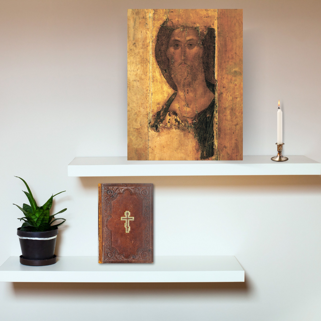Handmade Orthodox Christian Jesus icon based on Zvenigorod Pantocrator, a vision of divine compassion for believers and lovers of ancient sacred art.