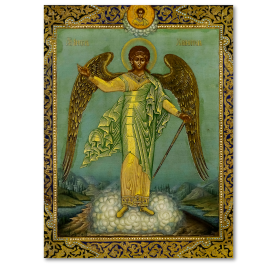 Orthodox Icon Of Guardian Angel Archangel Standing On Clouds With Sword Hand Painted Style Wooden Religious Wall Art Christian Gift