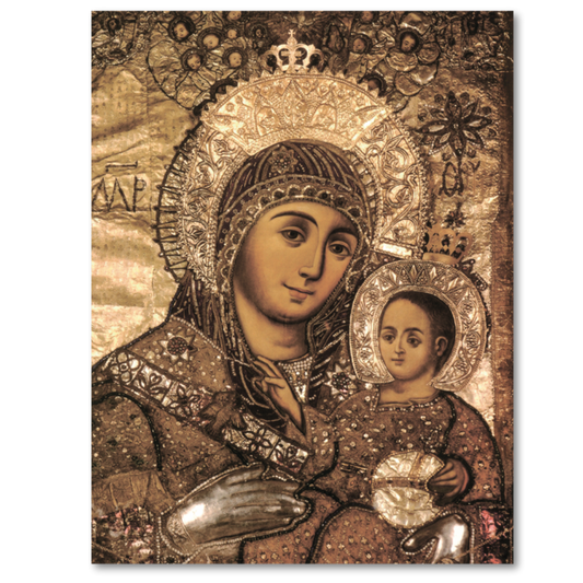 Russian 19th century religious icon of Mary and Jesus symbolizing joy of birth