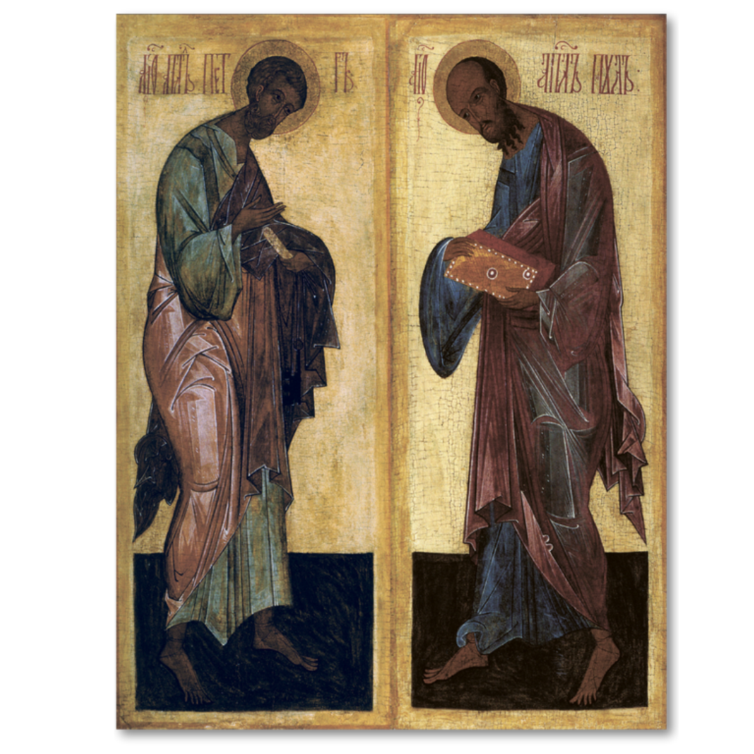 Ancient religious icon showing apostles with scroll and Gospel book
Peter and Paul icon in medieval Russian painting tradition
