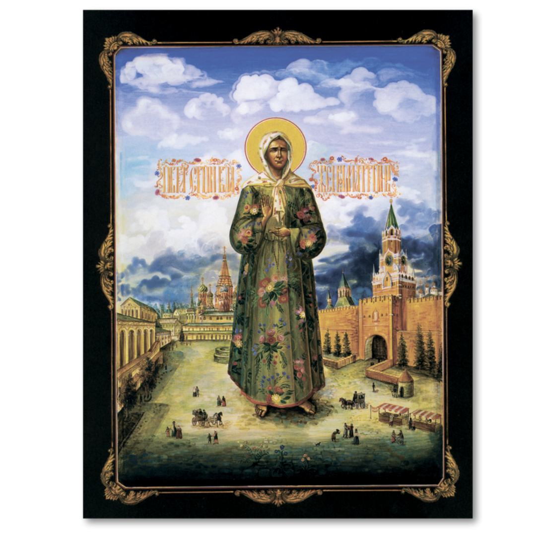 Wooden Orthodox icon of Saint Matrona of Moscow with traditional Russian design
