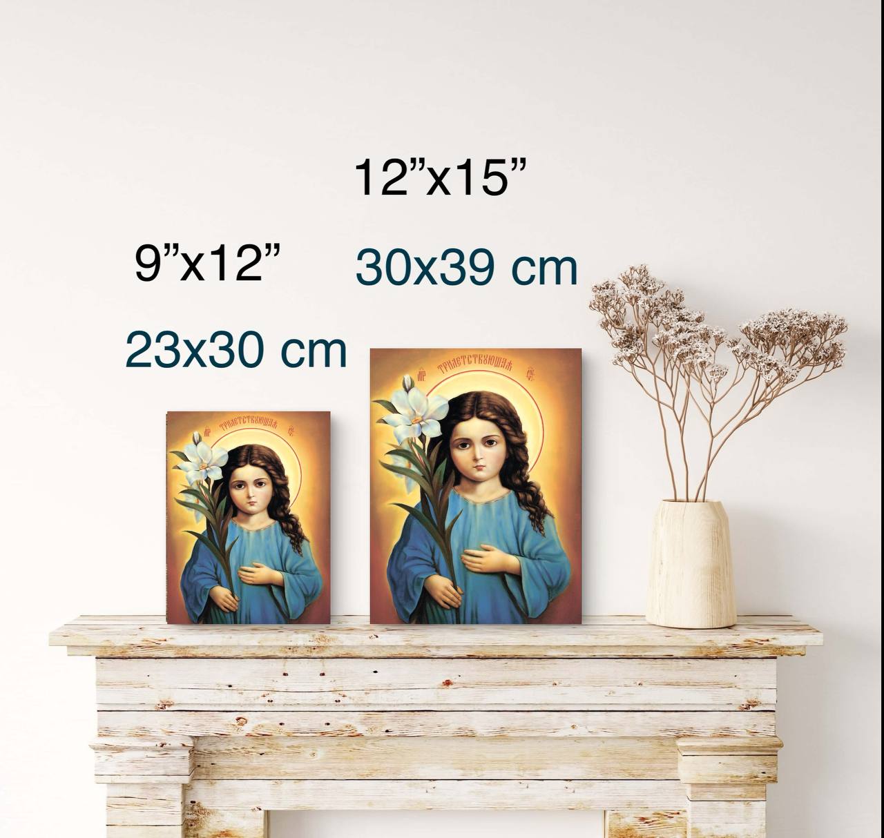 Beautiful hand-painted icon of young Mary holding a white lily, symbolizing her innocence and divine calling.