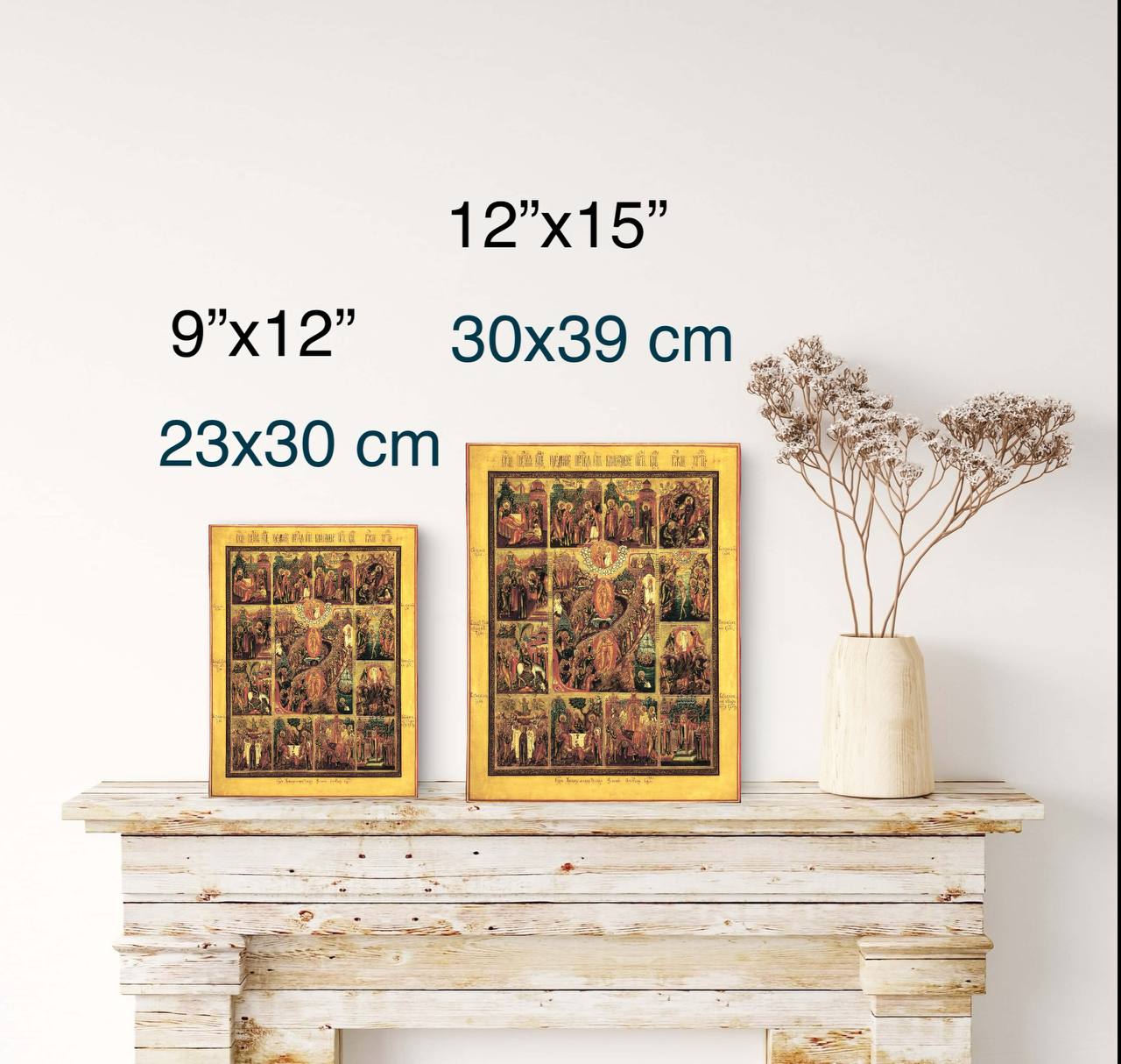 The Twelve Great Feasts icon presents fixed and movable celebrations, culminating in Christ’s glorious Resurrection.