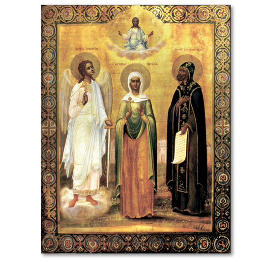 Wooden Icon of the Holy Martyr Natalia, featuring the Guardian Angel and Saint Procopius the Decapolite