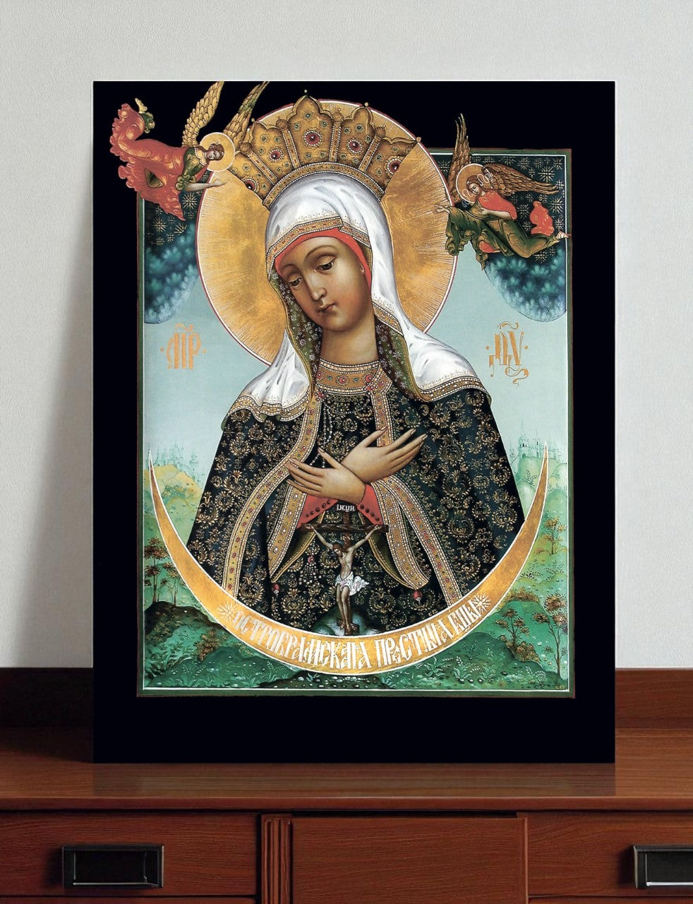 Our Lady of the Gate of Dawn "Ostrobramskaya" Mother of God Virgin Mary the Theotokos icon. Wooden orthodox icon