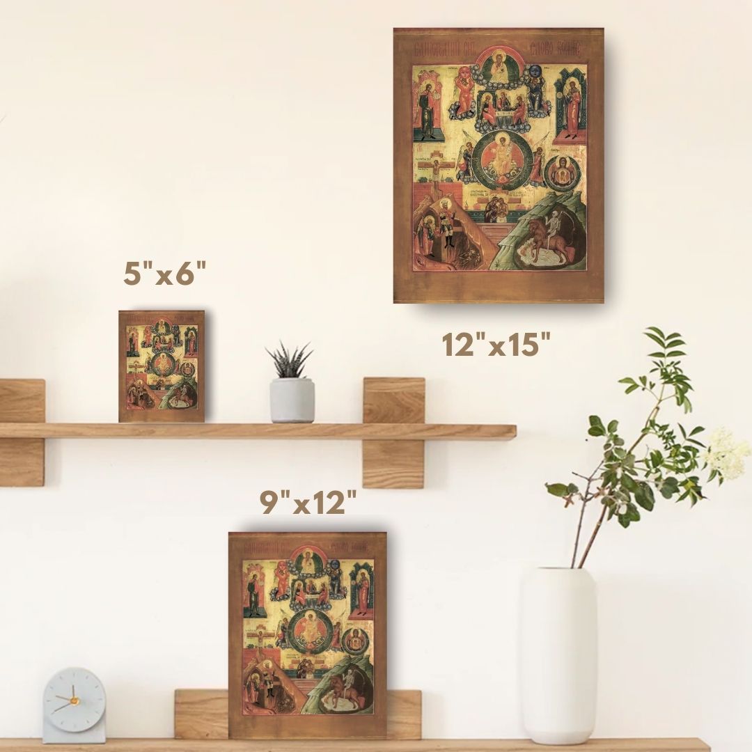Icon of the Holy Trinity with scenes of Crucifixion, Lamentation, and Descent into Hades