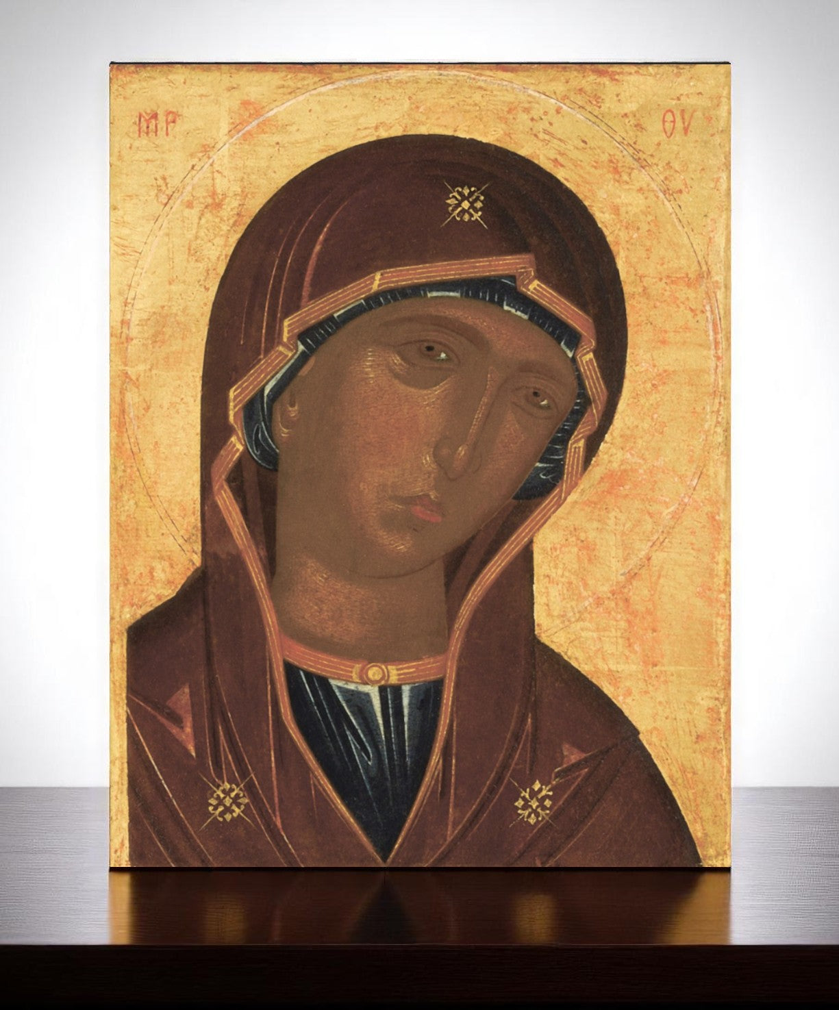 Byzantine-style icon of Mary with omophorion and symbolic stars